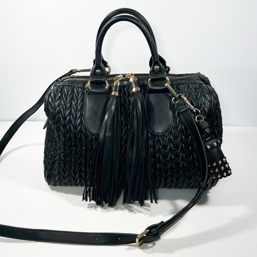 Black Gathered Vegan Leather Large Handbag with Tassels Gold Harware